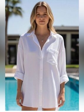 Lady Captain Coastal Tunic Top Dress S M White Seersucker Oversized